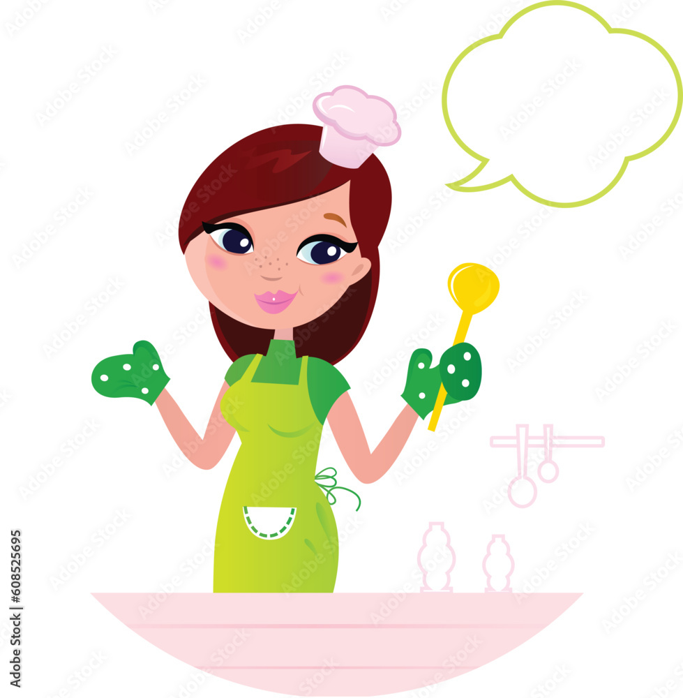 Cooking Mother showing something about cooking. Vector cartoon illustration.