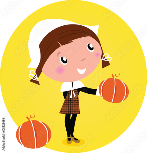Cute Thanksgiving / Pilgrim Girl with pumpkin head - isolated on white. Vector cartoon Illustration.
