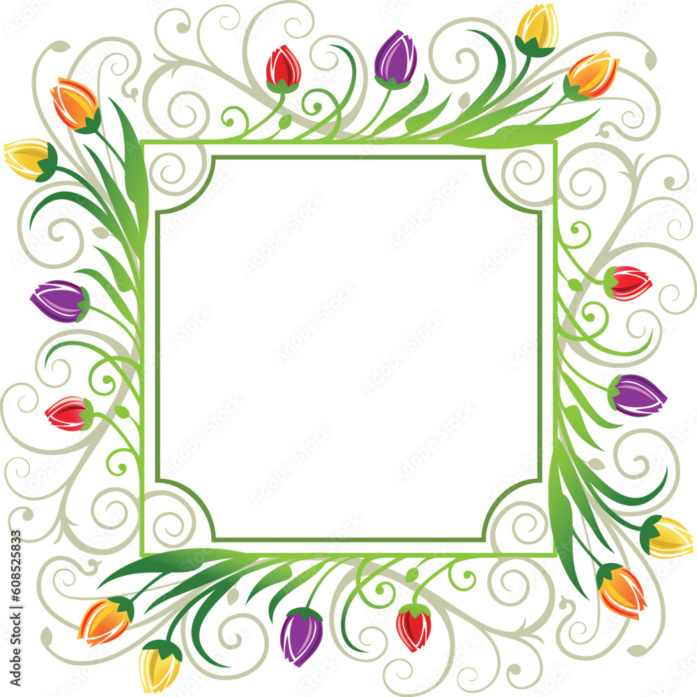 Colorful tulips spring  frame on white, full scalable vector graphic with space for your text