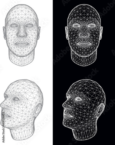 Set of two wireframe views of a human head at different angles on white and black background. Vector Illustration
