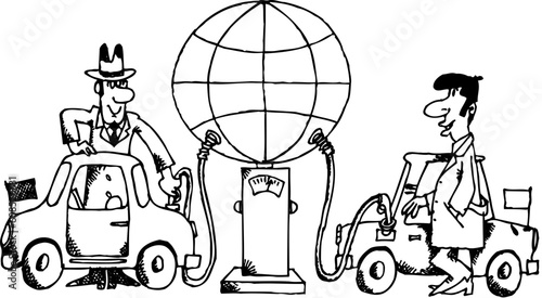 Two cars filling up at the globe