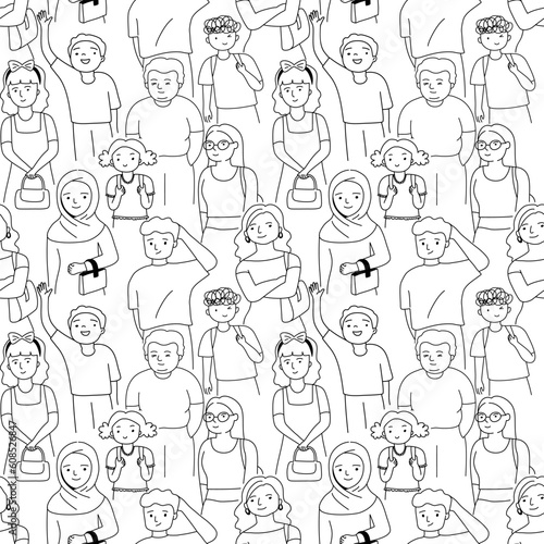 Seamless pattern with crowd of people, outline doodle cartoon style.
