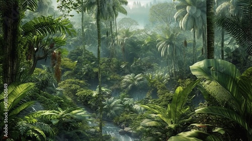 A lush jungle landscape with vibrant flora and fauna. Generative ai