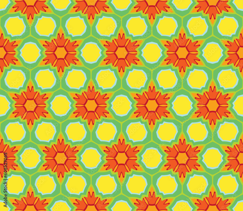 Cheerful, seamless and colorful floral pattern in red, orange, green and yellow