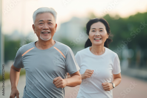 Cheerful active senior couple jogging at street. Generative AI.