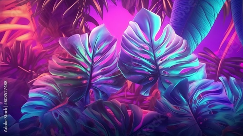Palm neon blue red leaves, green tropical pattern, leaves in tropical forest. Generative ai