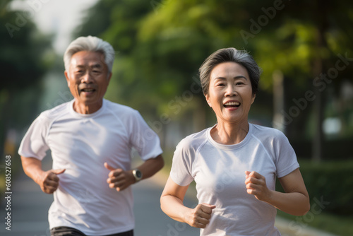 Cheerful active senior asian couple jogging at street. Generative AI.