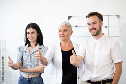 Happy business teamwork success cheerful thumb up. Group businessperson successful from brainstorming work. partnership diverse company. winner, accept, agreement.