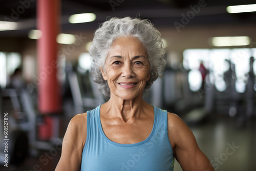 Portrait of smiling senior latin fit woman in gym. Generative AI.