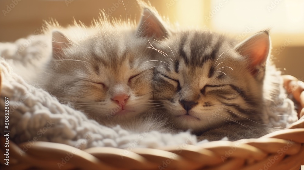A couple of happy kittens sleeping together. Generative AI