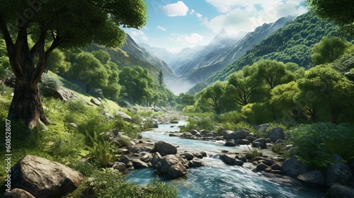 A serene stream flowing through a verdant valley. Generative ai