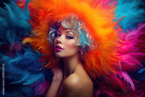 High Fashion model woman in colorful bright lights posing in studio  portrait of beautiful sexy girl with trendy make-up and manicure. Art design  colorful make up. Generative AI