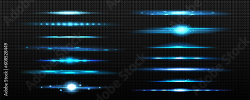 Horizontal blue sparkle light glow line divider vector. Transparent flare beam effect with neon laser explosion. Isolated bright speed energy motion shiny overlay with glitter and blur collection.