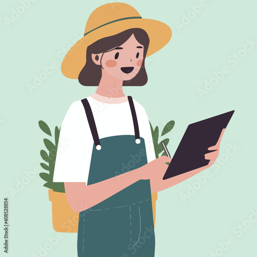 Cute Female student or farmer holding tablet, paper with a pen, monitoring her plant or take a field trip.