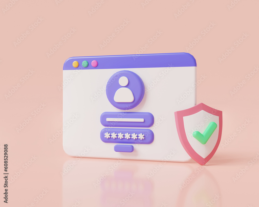 Login and password with shield protection icon on web page. Sign in to account, secure login and password, user login success, cybersecurity. Security personal data, register. 3d render illustration Login and password with shield protection icon on web page. Sign in to account, secure login and password, user login success, cybersecurity. Security personal data, register. 3d render illustration