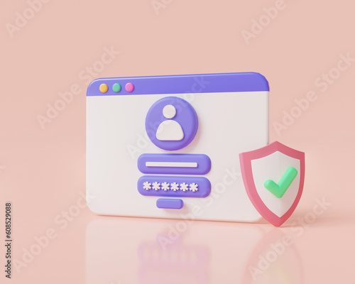 Login and password with shield protection icon on web page. Sign in to account, secure login and password, user login success, cybersecurity. Security personal data, register. 3d render illustration