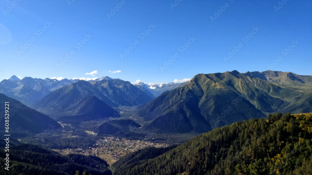mountain landscape, view of Arkhyz mountains at fall with blue sky - photo of nature