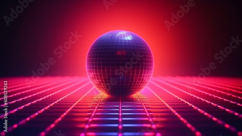 A vibrant red and blue disco ball on a shiny dance floor. Generative ai