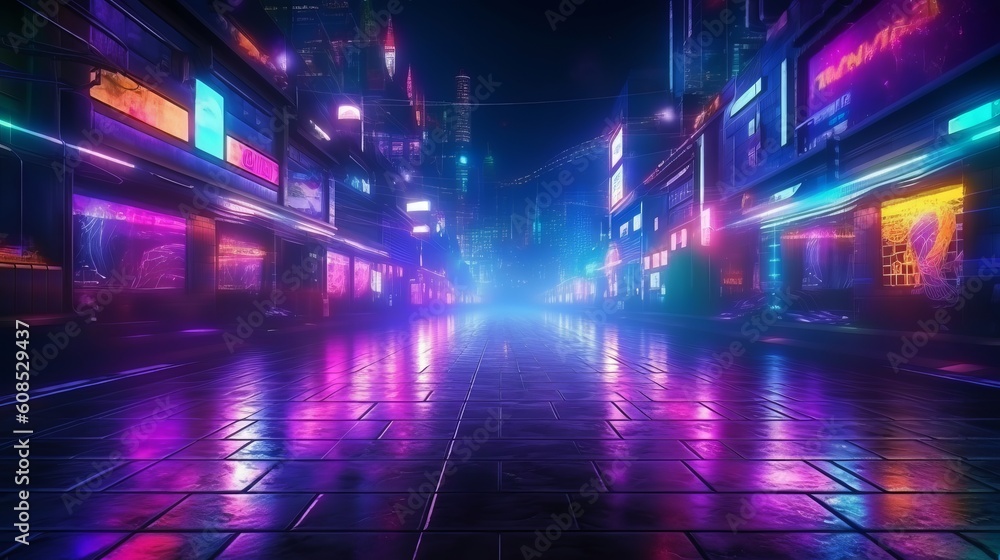 A vibrant city street with colorful neon lights illuminating the night. Generative ai