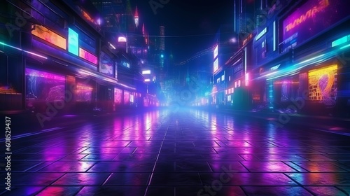 A vibrant city street with colorful neon lights illuminating the night. Generative ai © LabirintStudio