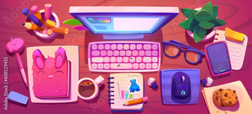 Teen girls workplace top view. Vector cartoon illustration of pink desk with computer keyboard, mouse, fluffy notebook, eyeglasses, coffee and cookies, green plant. Freelance designers work space