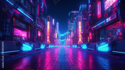 A vibrant and illuminated cityscape with futuristic elements. Generative ai © LabirintStudio
