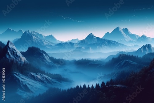 Captivating Panoramic View of Majestic Blue Mountains - A Stunning Landscape in Image Design, Generative AI. © ParinApril