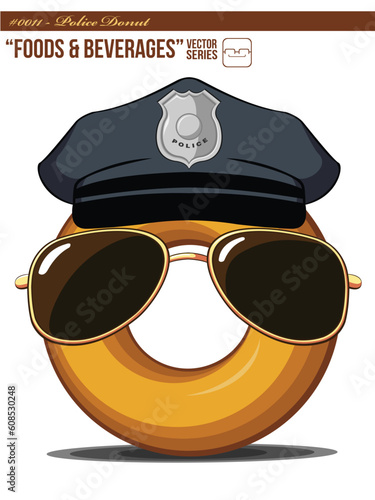 An isolated vector of a cartoon donut wearing police's hat and sunglasses. Good for many application, especially for logo and character, Hat and sunglasses could be separated from the donut.  Availabl