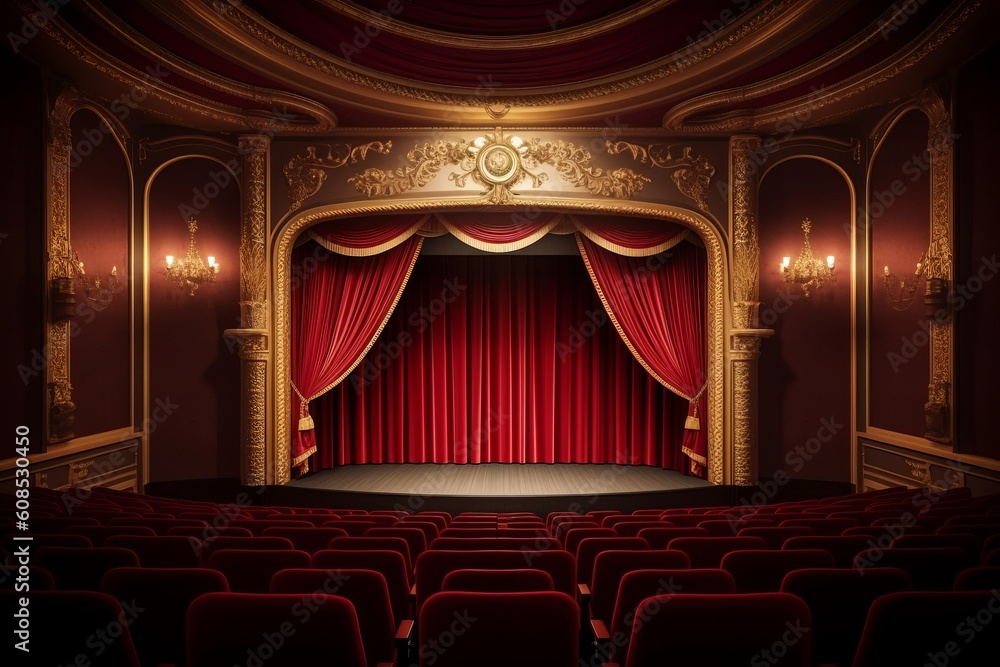 Captivating Theater Setting: A Stage with Red Curtains, Gold-Trimmed ...