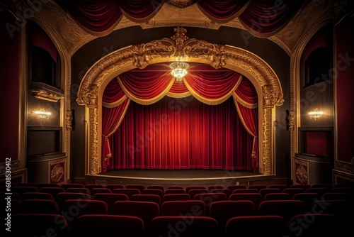 Captivating Theater Setting: A Stage with Red Curtains, Gold-Trimmed Seats, and Ornate Doorway, Generative AI.