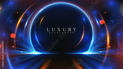 Blue light circle frame overlap gold ray motion effects on black background with bokeh decorations.