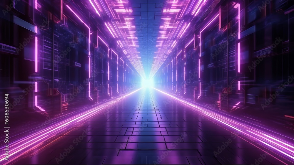 A neon-lit hallway with a futuristic vibe. Generative ai A neon-lit hallway with a futuristic vibe. Generative ai