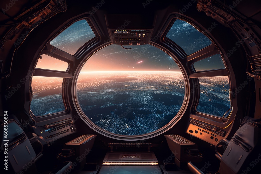 Illuminated Spaceship Cabin with a Glimpse of the Night Sky through a Window., Generative AI.