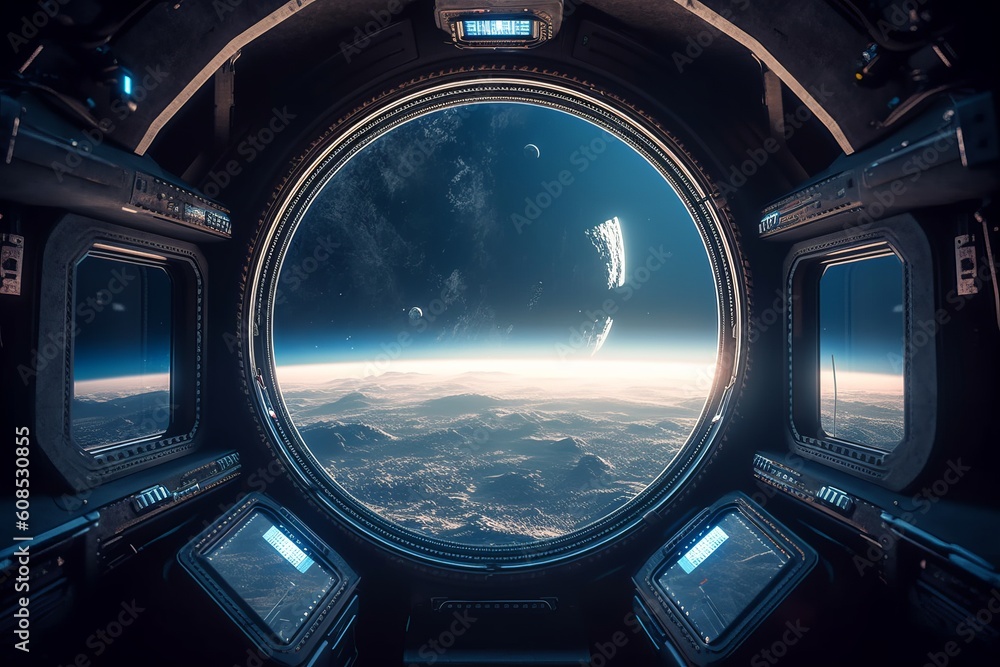 Illuminated Spaceship Cabin with a Glimpse of the Night Sky through a Window., Generative AI. Illuminated Spaceship Cabin with a Glimpse of the Night Sky through a Window., Generative AI.