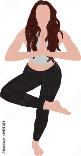 Illustration of woman doing yoga. Redheaded woman doing stretching and warm-up exercises. Fitness workout