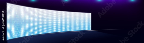 Concave side led screen wall stage light panel background. Video tv lcd monitor display for stadium or concert with grid glittering bulb glow texture effect. Projection technology cinema illustration