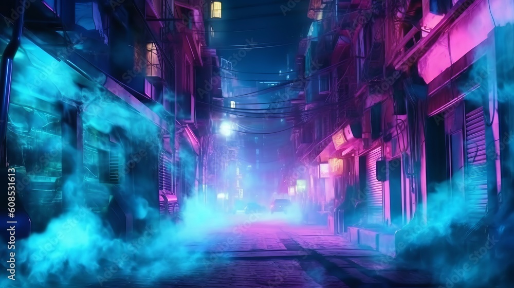 A vibrant city street at night with colorful neon lights and towering buildings. Generative ai