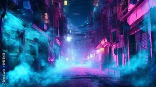 A vibrant city street at night with colorful neon lights and towering buildings. Generative ai
