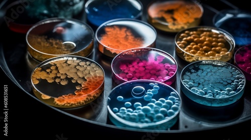 Multicolor bacteria and virus cells in petri dish at scientific laboratory. Mold culture PDA agar. Experimental for biochemistry, Biotechnology, Biology science laboratory. Generative AI