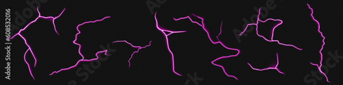 Realistic lightning bolt pattern set, black transparent background. Vector illustration of neon purple cracks, electric discharge on dark sky, thunderstorm flash light effect, destructive power strike