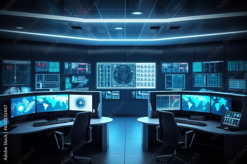 Spacious and Modern Security Control Room with Multiple Displays and Data Center Workstations, Generative AI. Spacious and Modern Security Control Room with Multiple Displays and Data Center Workstations, Generative AI.