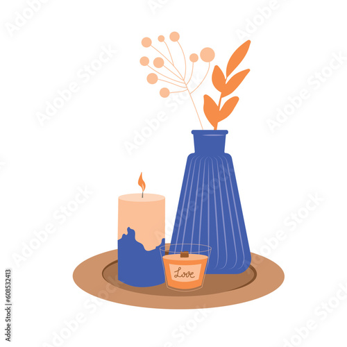 Interior elements, candles, aromatherapy, leaves in vase. Decorative design elements. Hand drawn vector illustration isolated on white background in modern trendy flat cartoon style.