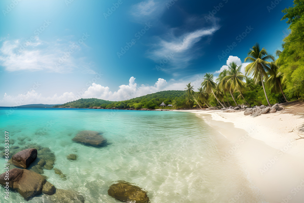 Fototapeta premium Beautiful tropical island with palm trees and beach panoramic