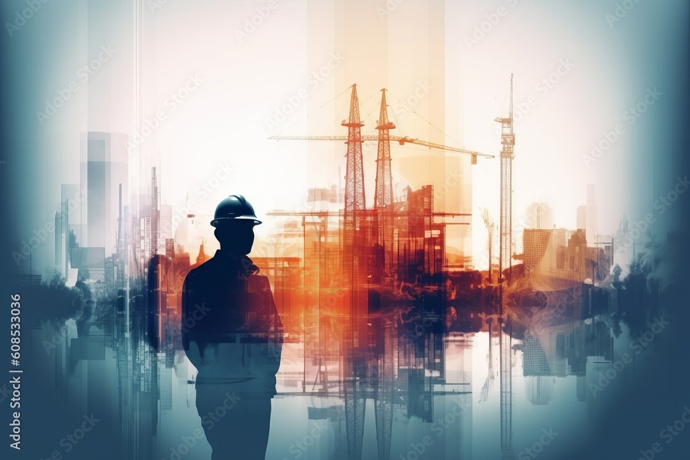 Revolutionizing Building Construction: A Digital Approach with Double Exposure Graphic Design - Featuring Building Engineers, Architects, and Construction Workers in Action., Generative AI.