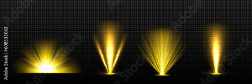 Light effects of glow, shine rays, sun beams. Abstract burst effect with bright gold flare and sparkles. Magic yellow light, star rays or explode flash, vector realistic set