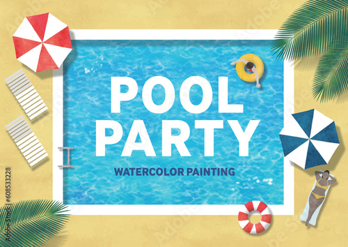 プールのフレームデザインテンプレート水彩画四角