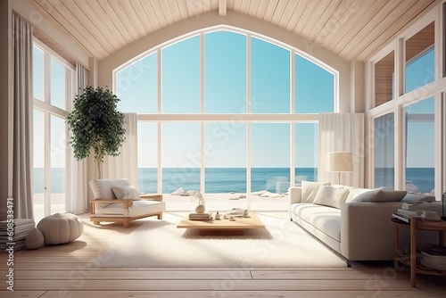 Spacious Summer Beach Home with Breathtaking Ocean View  An Empty Canvas for Your Dream Interior Design  Generative AI.