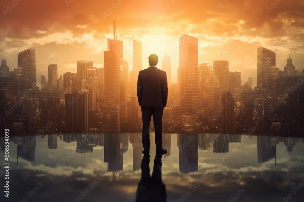 Businessman Watches Sunrise from Building Rooftop Businessman Watches Sunrise from Building Rooftop