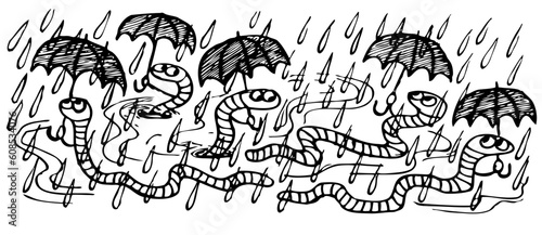 Worms in the rain with umbrellas