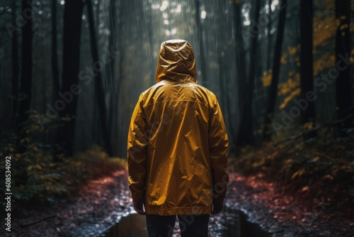 Back View of Hiker Wearing Rain Jacket during Rainy Day Hiking